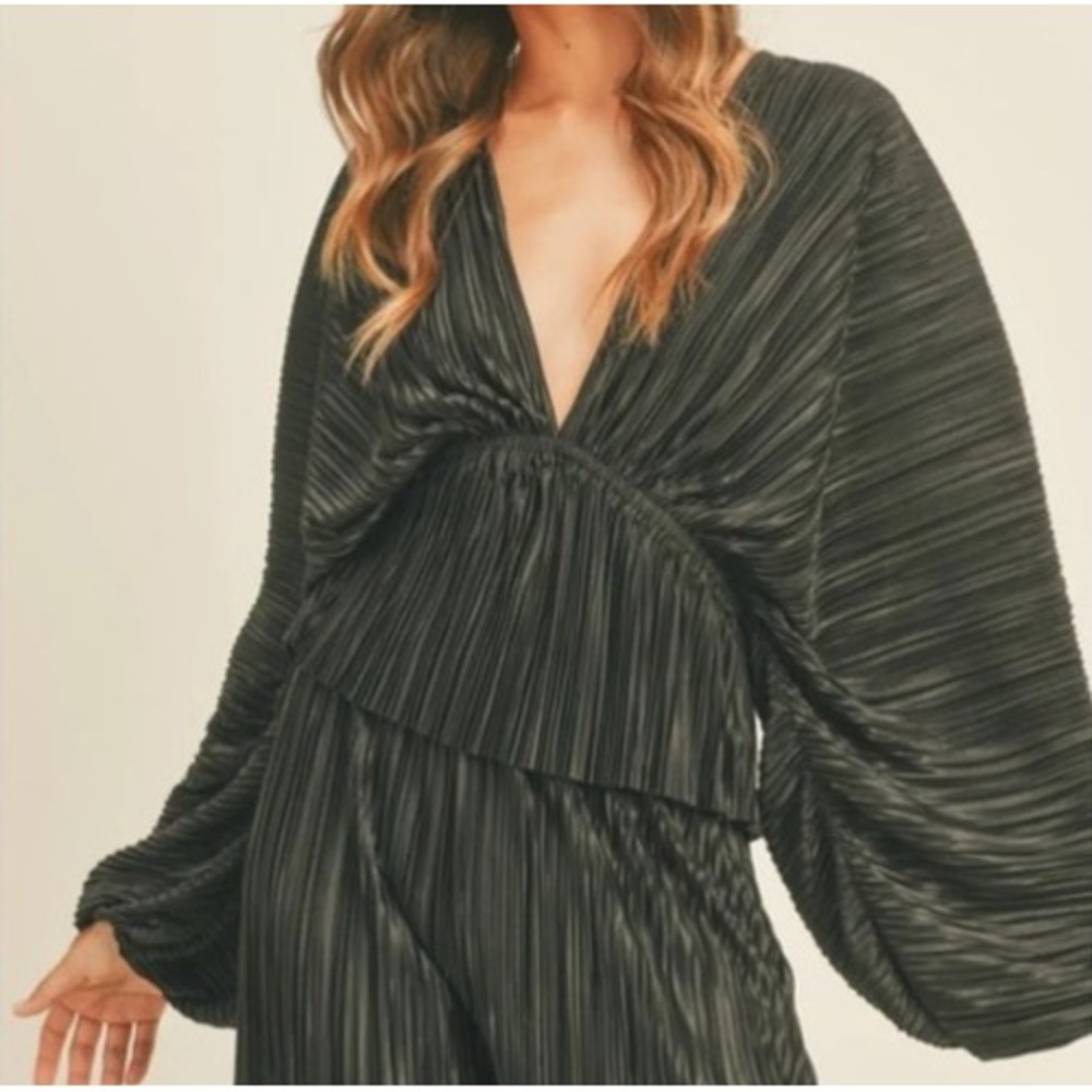 MIOU MUSE NWOT Plisse Dolman Sleeve Plunging V Neck Ruched Waist Top Medium